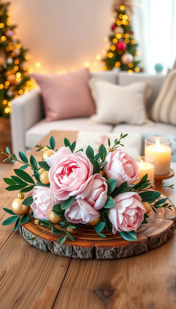 A beautifully styled coffee table adorned with elegant decorations featuring soft pink and emerald green accents. In the foreground, a cozy winter-themed centerpiece showcases a delicate arrangement of pink peonies, emerald leaves, and shimmering gold ornaments on a rustic wooden surface. The middle ground captures a tasteful table runner in a subtle floral pattern, surrounded by flickering candles that cast a warm glow. In the background, a softly lit room with Christmas fairy lights creates a whimsical holiday atmosphere. The scene evokes feelings of warmth and creativity, perfect for festive gatherings. The image should resemble a natural DIY aesthetic with Pinterest-style inspiration, highlighting the essence of a chic and modern Christmas decor. Designed by KlickKiste.