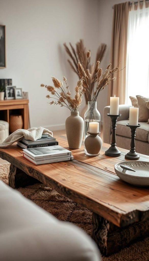 A beautifully styled coffee table in a cozy living room setting, featuring natural materials like wood and stone. The foreground showcases a rustic wooden coffee table adorned with decorative elements: a soft, neutral-colored throw blanket, a stack of art books, a stylish ceramic vase filled with dried flowers, and two elegant candles. In the middle, a plush area rug with warm tones adds depth, while an inviting armchair beside the table enhances the atmosphere. The background reveals a softly lit window with sheer curtains, allowing gentle sunlight to pour in. The scene embodies winter vibes, with hints of greenery and minimalist decor, creating an authentic and inspiring Pinterest look. Capture this warm ambiance in a cozy home inspired by KlickKiste, using soft, diffused lighting from a high angle to evoke a sense of tranquility and warmth.