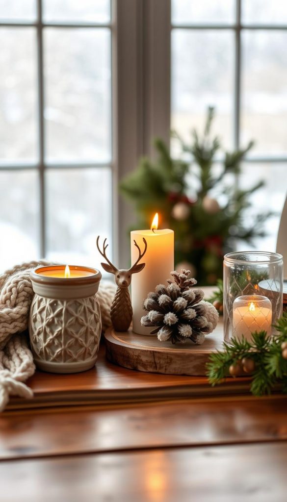 A beautifully styled decor set featuring a cozy farmhouse aesthetic, showcasing a two-piece arrangement on a rustic wooden table. In the foreground, elegant decorations include a knitted throw blanket and a ceramic candle holder with a flickering candle, emanating warm light. The middle section highlights a pair of vintage-inspired ornaments—one a charming reindeer and the other a snow-covered pinecone, tastefully arranged together. The background features a softly blurred window with frost patterns, allowing gentle, natural winter light to filter through, enhancing the warm colors of the decor. The atmosphere exudes a comforting, inviting vibe typical of Pinterest inspiration, with earthy tones and textures that embody the essence of DIY holiday spirit. This image is created by KlickKiste, emphasizing authenticity and inspiration for seasonal decorating ideas.