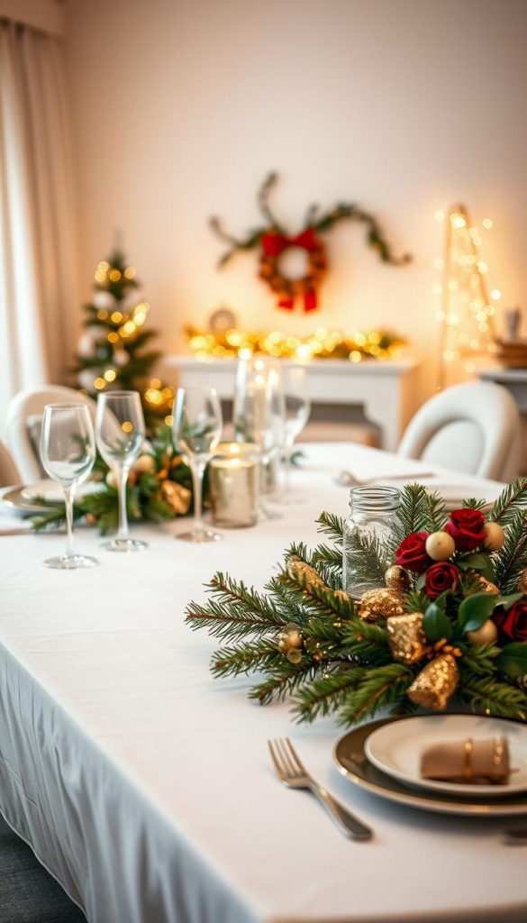 A beautifully styled dining table set for a New Year's Eve celebration, positioned in the foreground. The table features a crisp white tablecloth, adorned with seasonal decorations like golden glittery elements, pine branches, and twinkling fairy lights. Elegant dishes and glassware are arranged meticulously, showcasing an inviting place for guests to enjoy conversations. In the middle ground, a warm, ambient light casts a soft glow, enhancing the warm colors of the decorations—think deep greens, rich reds, and gold accents. The background subtly reveals a cozy, winter-themed room with soft, neutral tones, creating a Pinterest-worthy aesthetic. Overall, the scene evokes warmth and inspiration, perfect for sharing creative ideas. Designed by KlickKiste.