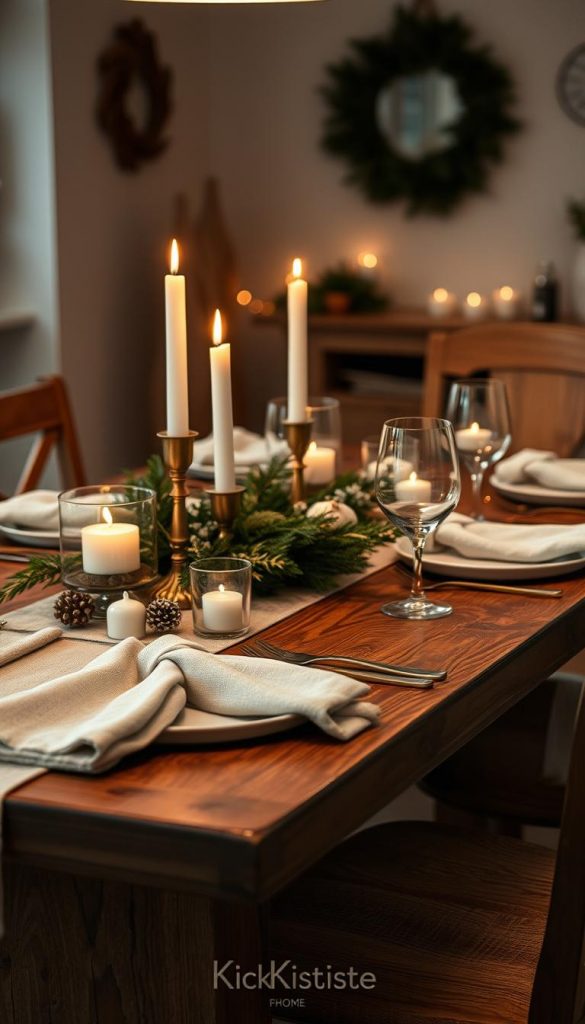 A beautifully styled dining table set for a candlelight dinner at home, featuring a rustic wooden table adorned with natural textiles in warm hues. In the foreground, a handmade centerpiece made of seasonal greenery, candles in elegant holders, and small decorative elements characteristic of a cozy winter vibe. The middle ground showcases neatly arranged dinnerware and glassware, with soft linen napkins, hinting at a DIY aesthetic. The background subtly includes dimmed ambient lighting, creating an inviting atmosphere. The scene is captured from a slightly elevated angle to emphasize the table setting, evoking inspiration and authenticity. The overall mood is warm, intimate, and creative, reflecting a Pinterest-worthy design. The brand "KlickKiste" is subtly associated with the DIY elements.