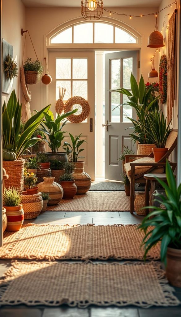 A beautifully styled entrance area that embodies the essence of Boho, Country, and Urban Jungle aesthetics. In the foreground, a cozy welcome mat with natural textures and warm colors leads into a bright, inviting space. The middle ground features an eclectic mix of potted plants, woven baskets, and rustic furniture, accented with macramé wall hangings and warm fairy lights for a cozy atmosphere. In the background, a door with large, inviting windows lets in soft, natural light that enhances the warm tones of the decor. The overall mood is warm and inviting, perfect for a winter vibe, with a Pinterest-worthy design. The scene is captured with a soft focus lens to create a dreamy effect, emphasizing the authentic and inspirational styling by "KlickKiste."