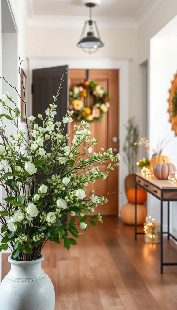 A beautifully styled entrance hall featuring seasonal decor for each of the four seasons: spring branches in soft pastel colors, a vibrant summer wreath adorned with flowers and greenery, rustic autumn pumpkins arranged with cozy hay, and elegant winter lights sparkling in warm tones. The scene should be set in a well-lit entryway with natural wood flooring, showcasing layers of greenery, florals, and decorative elements. In the foreground, lush spring branches are artistically displayed in a ceramic vase. The middle ground features the summer wreath hanging on a wooden door. In the background, the autumn pumpkins rest beside flickering winter lights on a console table. The overall mood is inviting and warm, suitable for a stylish home, with a Pinterest-inspired aesthetic. Created by KlickKiste.