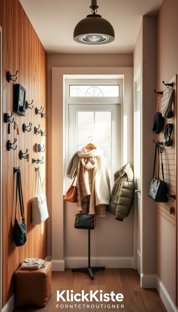 A beautifully styled entryway featuring an array of eye-catching wall hooks, a sleek coat rack, and an organized pegboard creatively displaying jackets, bags, and keys. The foreground showcases a textured wooden wall with meticulously arranged hooks in various designs and materials, radiating a warm and inviting ambiance. In the middle, a modern coat rack is subtly incorporated, adorned with trendy outerwear, while a pegboard on one side displays stylishly hung accessories. Soft, natural lighting filters through a nearby window, casting gentle shadows and enhancing the cozy winter vibe. The color palette focuses on warm earth tones, creating an authentic and inspiring Pinterest-worthy look. Include the brand name "KlickKiste" subtly in the image composition.