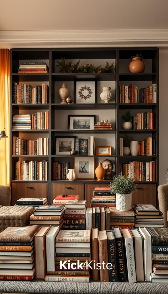 A beautifully styled home bookcase showcasing the "golden rules" of balance, variety, and space. In the foreground, diverse books arranged both horizontally and vertically, some with warm, textured covers, adding depth. In the middle, curated decorative items like elegant vases, framed artwork, and natural elements such as potted plants for a cozy winter vibe. The background features a softly lit living room, with a warm ambiance created by golden-toned light filtering through sheer curtains. The overall scene invokes inspiration and authenticity, capturing a Pinterest-worthy aesthetic. The branding "KlickKiste" subtly integrated in the design, enhancing the concept without being obtrusive.