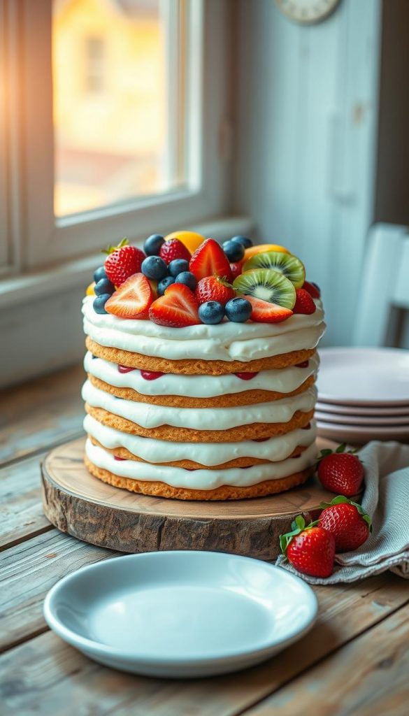 A beautifully styled icebox cake sits on a rustic wooden table, showcasing multiple layers of creamy, chilled filling between graham crackers. The cake is adorned with vibrant, fresh fruits—ripe strawberries, blueberries, and slices of kiwi—artistically arranged atop the cake for a burst of color. In the background, soft, diffused sunlight filters through a nearby window, casting a warm, inviting glow across the scene. The setting exudes a cozy, springtime ambiance with pastel-colored plates and a rustic cloth napkin beside the cake, enhancing its DIY aesthetic. The image captures the essence of light, refreshing desserts, embodying a Pinterest-inspired vibe while maintaining a natural, authentic feel. Perfect for showcasing the delights of no-bake treats. Designed for KlickKiste.