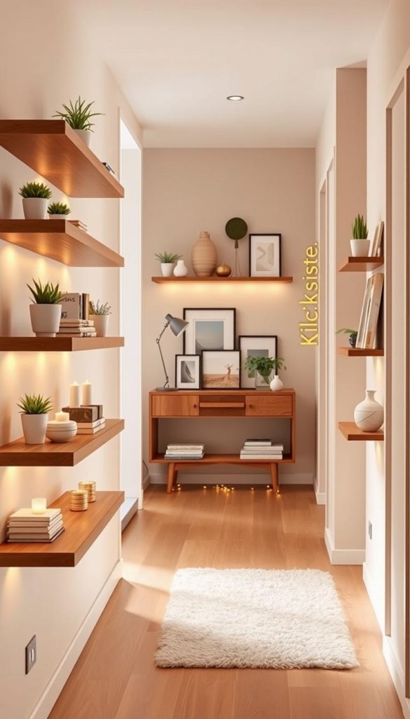A beautifully styled interior hallway featuring an array of floating shelves in a warm, inviting color palette. The foreground showcases a set of sleek, minimalistic wooden floating shelves, adorned with carefully curated decorative items like small potted plants, books, and candles, reflecting a cozy and organized space. In the middle ground, there's a stylish wall console with additional decor, such as framed photographs and unique sculptures. The background reveals a soft, muted wall color that enhances the warm atmosphere, with gentle winter-themed accents like a plush rug and delicate fairy lights. The lighting is soft and warm, resembling natural daylight, creating a serene, Pinterest-inspired vibe. The brand name "KlickKiste" subtly incorporated into the shelving design adds a unique touch to the overall aesthetic.