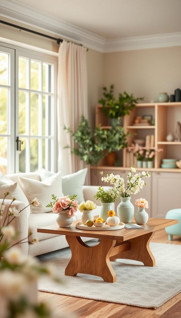 A beautifully styled interior room that embodies the fresh and vibrant colors of spring, showcasing pastel hues like peach fuzz and mint green. In the foreground, a cozy seating area with a soft, plush armchair adorned with light pastel cushions, surrounded by delicate floral arrangements in soft pinks and greens. The middle ground features a wooden coffee table elegantly decorated with spring-inspired decor, such as ceramic vases and seasonal fruits, creating an inviting atmosphere. In the background, large windows let in warm, natural light, illuminating the space and enhancing the overall warmth and authenticity. The scene is captured with a soft focus lens, giving it a dreamy aesthetic ideal for Pinterest inspiration. This image should radiate a sense of renewal and creativity, perfect for a DIY spring decor theme. Brand: KlickKiste.