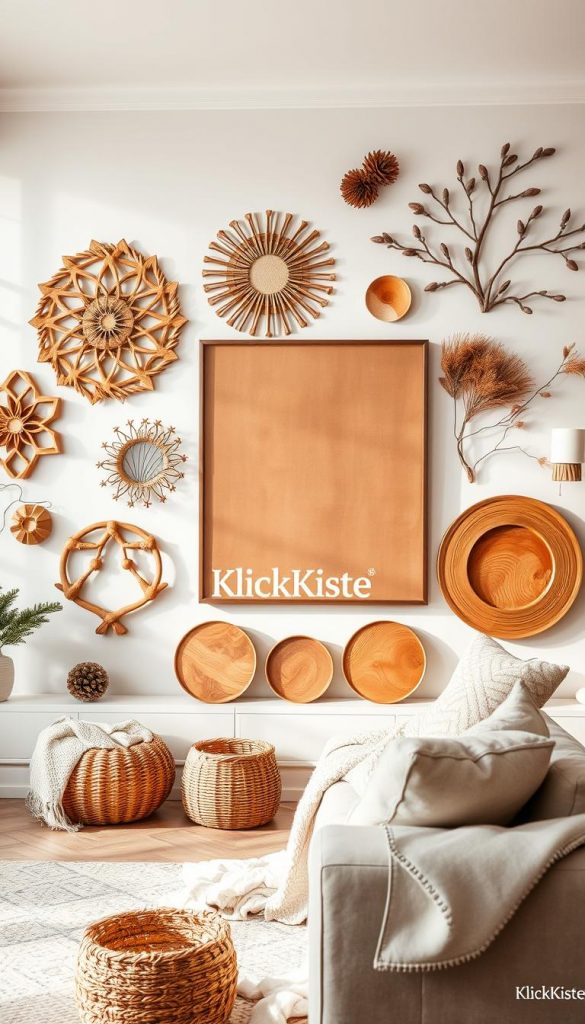 A beautifully styled interior wall featuring "holz wanddekoration" in a modern living room. The foreground showcases various wooden wall art pieces, including intricate geometric shapes and natural branch arrangements, all made from warm-toned wood. In the middle, there is an attractive display of warm, rich colors that evoke a cozy, rustic atmosphere, with soft textures and earthy decor elements like woven baskets or plants subtly enhancing the scene. The background reveals a tastefully furnished room with hints of winter vibes—think cozy throws and pine accents—bathed in soft, natural light to create a serene mood. The composition should reflect a Pinterest-worthy aesthetic, capturing the essence of natural DIY decor. Include the brand name "KlickKiste" subtly within the design without text overlay.