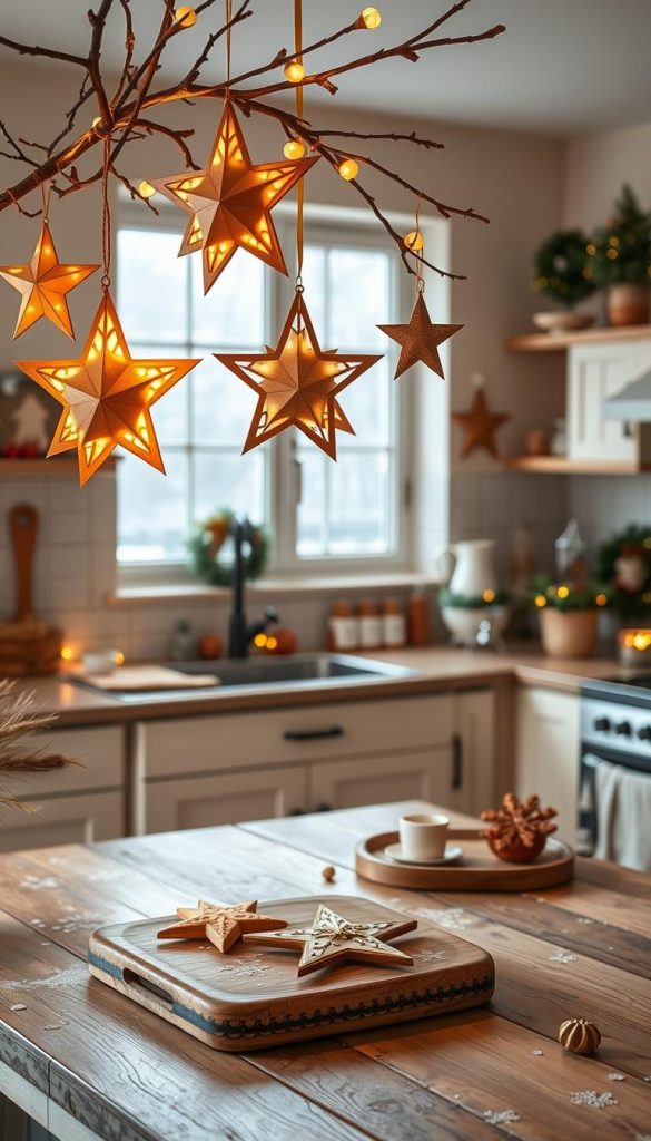 A beautifully styled kitchen adorned with DIY star decorations in warm, inviting colors that evoke a cozy winter atmosphere. In the foreground, showcase handcrafted paper and wooden stars hung from branches over a rustic kitchen table, with soft golden lighting illuminating their intricate designs. The middle ground features a charming kitchen scene, including a decorative tray with festive treats and subtle hints of other seasonal motifs like reindeer and snowflakes scattered around. The background reveals a softly lit window with gentle snowfall outside, enhancing the winter vibes. The overall mood is warm and inviting, perfect for the holiday season, reflecting the essence of KlickKiste's DIY aesthetic. Use a wide-angle lens to capture the whole scene, bathed in natural light. Ensure the image is serene, authentic, and inspiring, ideal for a Pinterest-inspired look.