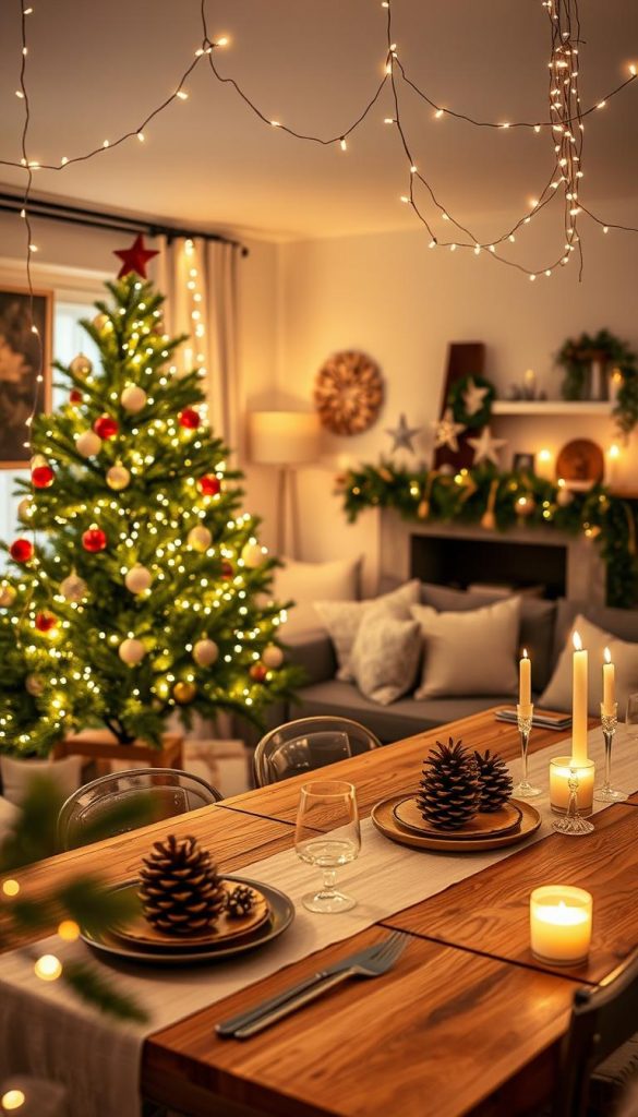 A beautifully styled living room adorned with delicate "lichterketten" (fairy lights) draped elegantly around a classic Christmas tree in the foreground, sparkling with warm white lights and colorful ornaments. In the middle, a rustic wooden table set for a festive dinner, featuring a simple, elegant tablecloth and pinecone centerpieces, gently illuminated by the glowing lights. In the background, cozy decor elements such as plush pillows and candles create a warm atmosphere, complemented by soft, ambient lighting that casts a golden hue throughout the room. The image exudes a DIY charm, with natural textures and a Pinterest-style aesthetic. Capture the scene from a slightly elevated angle to emphasize layers, ensuring bright, inviting colors lend a touch of winter magic. Inspired by KlickKiste.