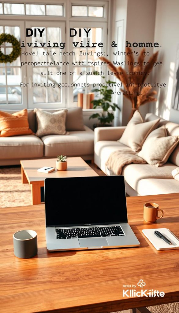 A beautifully styled living room desk setup that seamlessly integrates into a cozy, modern apartment. In the foreground, a sleek, minimalistic wooden desk with an elegant laptop and stylish stationery is arranged meticulously. The middle ground features soft decorative elements such as a small potted plant and a warm-toned mug, adding a personal touch. In the background, a plush sofa with textured cushions and a soft throw hints at a stylish yet inviting atmosphere. Natural light filters through large windows, creating a warm and airy feel. The decor reflects a DIY aesthetic with inviting winter vibes, incorporating warm colors that inspire productivity. Brand elements of "KlickKiste" are subtly included in the design. The overall mood is one of comfort and creative energy, perfect for a stylish workspace at home.