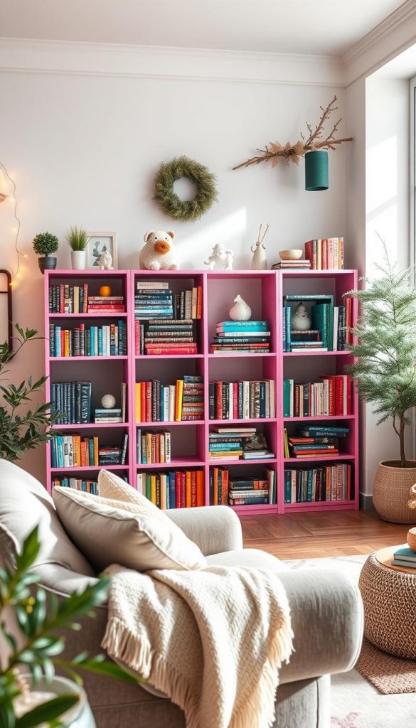A beautifully styled living room featuring a colorful bookshelf (bücherregal farblauf) from the brand "KlickKiste," filled with an array of vibrant books and decorative objects. In the foreground, a cozy reading nook with a plush armchair and a soft throw blanket, inviting relaxation. The middle ground displays the eye-catching bookshelf, organized yet playful, with books arranged by color and height to create a visually appealing gradient. In the background, warm winter-inspired decor elements, such as fairy lights and natural plants, enhance the atmosphere. Soft, natural lighting filters through a nearby window, casting gentle shadows and highlights across the room. The overall mood is inviting and inspiring, perfect for a budget-friendly yet stylish home.
