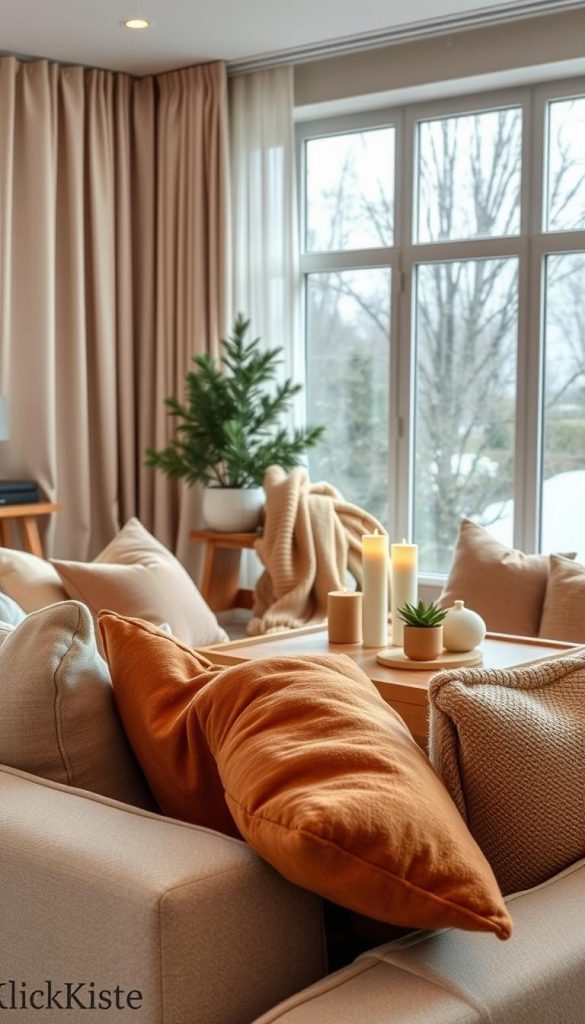 A beautifully styled living room featuring a harmonious blend of textiles and small furniture, designed for a cozy family atmosphere. The foreground showcases plush cushions in warm earth tones and a soft, inviting throw draped over a minimalist sofa. The middle ground reveals a carefully arranged coffee table adorned with DIY decor items, candles, and a small potted plant for a touch of greenery. In the background, large windows allow natural light to flood the room, highlighting textured curtains that flutter gently in the breeze. The scene exudes a winter vibe with warm colors, capturing an authentic and inspiring Pinterest aesthetic. The brand "KlickKiste" is subtly suggested through the decor style. Aim for a relaxed yet stylish ambiance, emphasizing clear zones and functionality. Use soft, diffused lighting to enhance the cozy atmosphere.