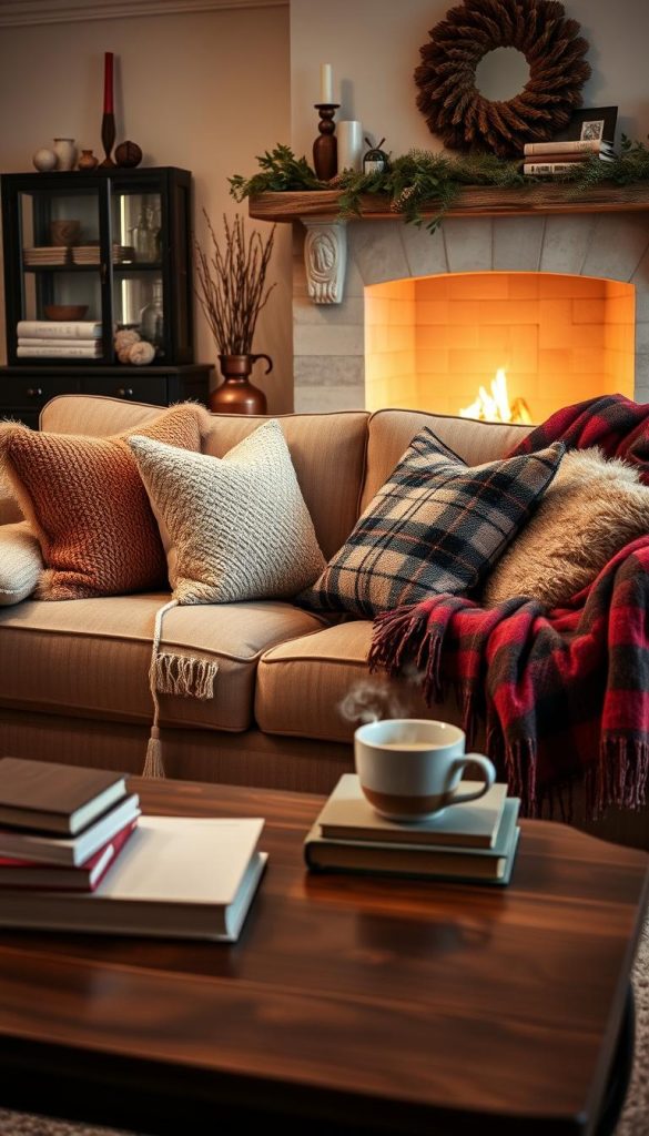 A beautifully styled living room featuring a plush sofa adorned with an array of cozy, textured throws, pillows, and a classic tartan blanket, all in warm, inviting colors that evoke winter vibes. In the foreground, showcase a chic coffee table with a steaming mug and a stack of books. The middle ground highlights the sofa, surrounded by soft lighting that creates an intimate atmosphere. In the background, a softly glowing fireplace adds warmth, framed by tasteful decorations. The overall scene reflects a cozy, inviting environment, emphasizing comfortable luxury. The aesthetic aligns with the brand "KlickKiste", exuding an authentic Pinterest-inspired look, perfect for winter. Capture the mood with a soft focus lens to enhance the feeling of warmth and snugness.