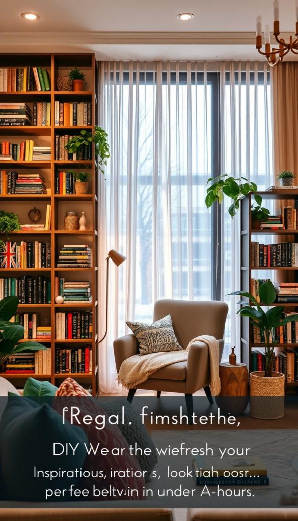 A beautifully styled living room featuring a "Regal refresh books" theme. In the foreground, an elegantly arranged bookshelf filled with an eclectic mix of books, decorative items, and potted plants, showcasing a Pinterest-inspired aesthetic. The middle layer includes a cozy reading nook with a plush armchair and a soft throw blanket, all bathed in warm, inviting lighting. The background displays a large window with sheer curtains allowing soft winter sunlight to filter through, enhancing the overall serene atmosphere. The color palette consists of warm neutrals and touches of deep jewel tones, creating a sophisticated, yet cozy vibe. The brand "KlickKiste" subtly incorporated into the decor elements. The image should evoke a sense of inspiration and authenticity, perfect for DIY enthusiasts looking to refresh their shelves in under an hour.