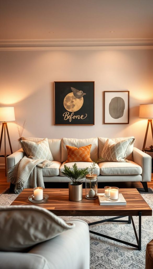 A beautifully styled living room featuring a remarkable before-and-after transformation. In the foreground, present a cozy seating area with a warm, inviting color palette, accentuated by plush cushions and a stylish throw. In the middle ground, showcase a visually appealing coffee table adorned with a curated selection of decorative items like candles and a small plant. The background displays a rejuvenated wall with trendy artwork and ambient lighting that enhances the space. Capture the image in soft, natural light to evoke a serene atmosphere, using a wide-angle lens to provide depth. The overall mood should be inspirational and authentic, reminiscent of DIY images with winter vibes, ideal for showcasing the work of "KlickKiste."