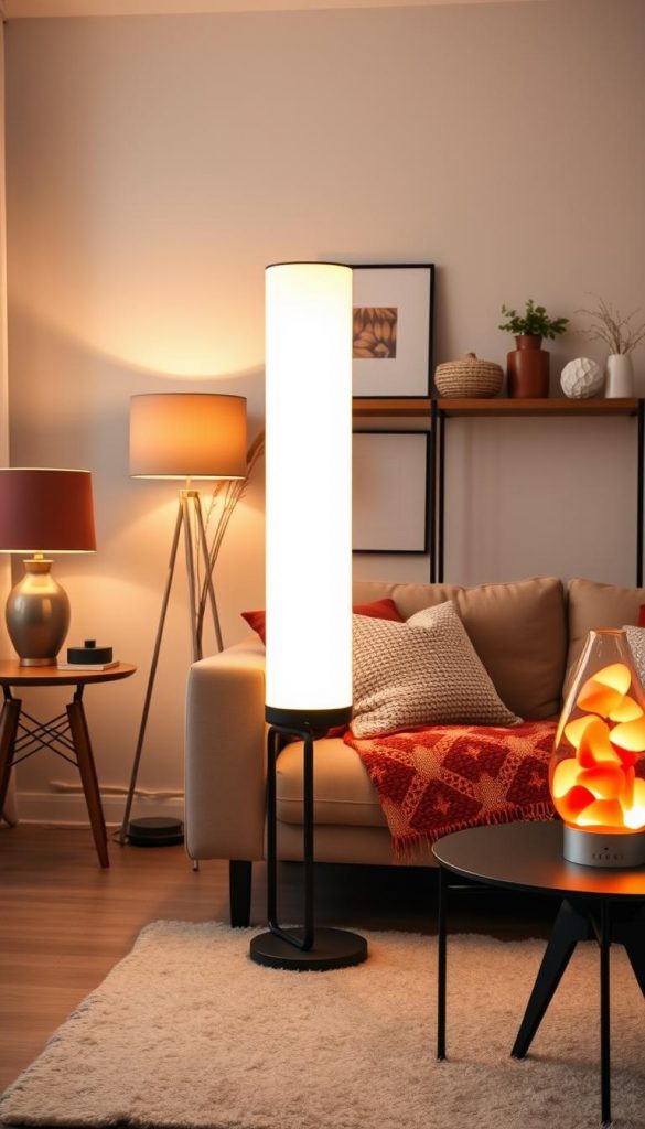 A beautifully styled living room featuring a striking statement LED floor lamp, elegant table lamps, and a mesmerizing lava lamp, all designed with warm colors and an inviting aesthetic. In the foreground, the LED floor lamp emits a soft, ambient glow, casting playful shadows. The table lamps have unique designs, showcasing trendy fabrics and textures. The lava lamp bubbles gently, creating a charming focal point. In the middle ground, a cozy sofa adorned with decorative pillows and a knitted throw complements the lighting. The background features a natural, DIY decor style with winter vibes, including a minimalist shelf with plant accents. The scene is illuminated with soft, warm lighting, captured from a slightly elevated angle to emphasize the inviting atmosphere of the room, inspired by KlickKiste's design principles for 2026.