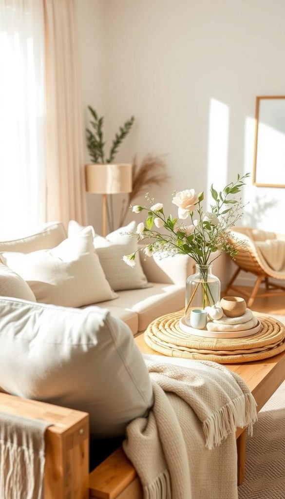 A beautifully styled living room scene embodying spring decor, featuring soft pastel colors like mint green, blush pink, and buttery yellow. In the foreground, a cozy arrangement of textured cushions and a light linen throw on a wooden sofa invites warmth and comfort. The middle layer showcases a handcrafted rattan coffee table with nature-inspired decorations such as a delicate vase filled with fresh flowers and layered natural fabrics. In the background, light streams in through sheer curtains, casting a soft glow on pale-colored walls adorned with simple artwork. The atmosphere should feel fresh, calming, and inviting, capturing an authentic Pinterest-inspired aesthetic. Avoid any clutter, maintaining a serene and organized space, representing the brand KlickKiste.