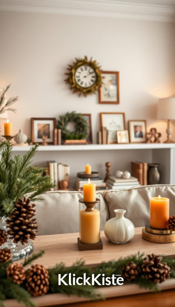 A beautifully styled living room shelf decorated in a regal DIY manner, featuring warm winter vibes. The foreground showcases three distinct DIY arrangements, including natural elements like pinecones, evergreen branches, and warm-toned candles. The middle ground highlights elegant accent pieces such as vintage books, decorative boxes, and tasteful art pieces, all arranged with balance and harmony. In the background, a softly lit, cozy living space with a neutral-colored wall and comfortable furniture, creating an inviting atmosphere. The composition should utilize soft, diffused lighting to enhance the warm colors, captured from a slightly elevated angle for a comprehensive view. The brand "KlickKiste" should be subtly represented through a stylish element in the decor. The overall mood is authentic, inspiring, and Pinterest-perfect.