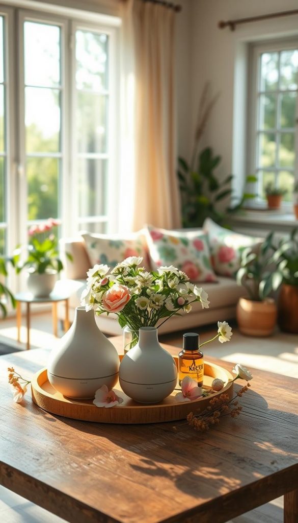 A beautifully styled living space that embodies a fresh, spring atmosphere. In the foreground, a wooden table with natural textures displays an assortment of elegant essential oil diffusers, surrounded by fresh flowers in pastel hues like soft pinks, greens, and blues. The middle layer features a cozy seating area with cushions in vibrant floral patterns, bathed in warm, natural light from large windows, creating an inviting ambiance. The background showcases delicate greenery, such as potted plants and gentle draperies that flutter slightly in a breeze. The overall mood is cheerful and uplifting, with a Pinterest-inspired aesthetic. The image reflects authentic DIY designs that convey warmth and inspiration, branded as "KlickKiste," emphasizing natural materials and an airy feel.