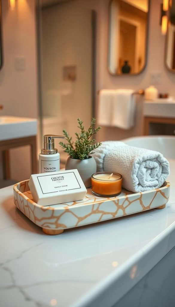 A beautifully styled mini bathroom tray featuring a harmonious arrangement of luxurious toiletries and decorative elements. In the foreground, display an elegant small tray from "KlickKiste," crafted from high-quality materials, adorned with warm, inviting colors reminiscent of winter vibes. Include artisanal soap bars, a small candle, and plush, rolled hand towels. The middle ground should showcase a delicate potted plant, adding a touch of nature to the scene. In the background, hint at a softly lit bathroom with minimalistic design, emphasizing tranquility and sophistication. Use natural, warm lighting to create an inviting atmosphere, capturing the essence of a chic 5-star hotel experience. The angle should be slightly elevated to highlight the layers and textures effectively.