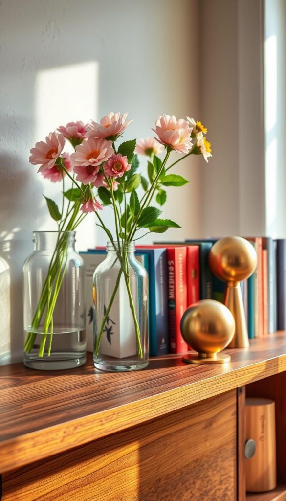 A beautifully styled modern bookshelf showcasing an array of textures and materials. In the foreground, a close-up of a handcrafted wooden shelf with a rich, dark finish, contrasting against a smooth glass vase filled with fresh flowers. The middle features vibrant book spines in varying colors and sizes, interspersed with metallic decorative objects, like a sleek gold sculpture. In the background, a softly blurred wall with pastel paint and subtle textures adds depth. Warm, ambient light filters through a nearby window, casting gentle shadows. This image conveys an inviting and sophisticated atmosphere, ideal for inspired interior styling, reflecting the brand KlickKiste. The overall composition should evoke a sense of warmth, creativity, and contemporary elegance, perfect for showcasing a high-end look.