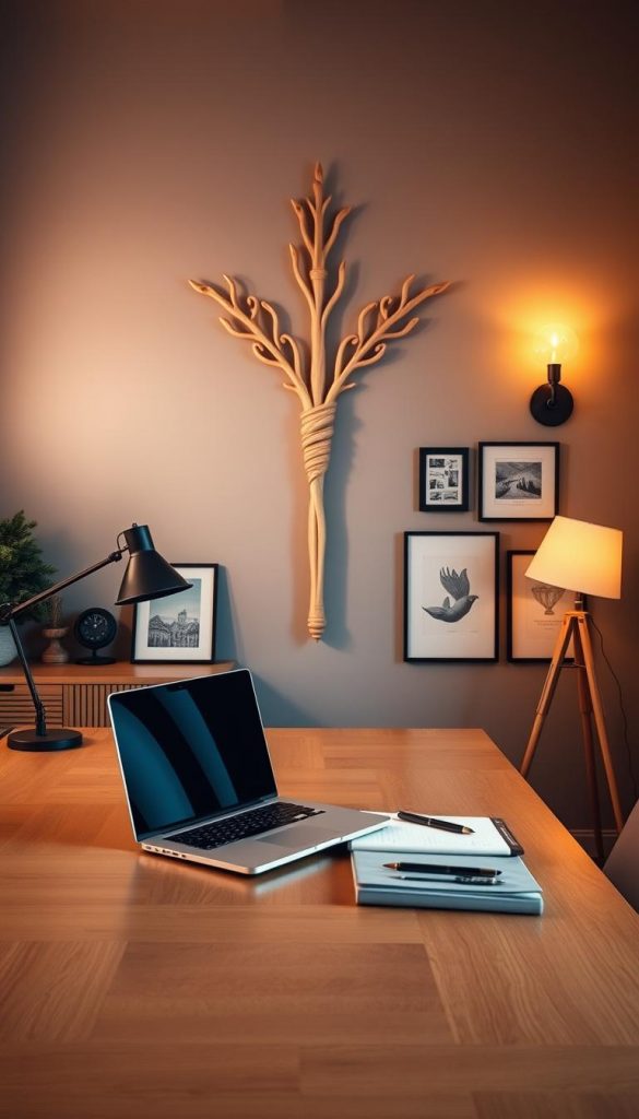 A beautifully styled modern desk space featuring an elegant wand design on the wall. In the foreground, showcase a sleek wooden desk adorned with a laptop, stationery, and a warm-toned desk lamp. The middle ground reveals the wand design as an eye-catching wall installation, crafted from natural wood and accented with pastel colors, creating a cozy, inviting atmosphere. The background should include soft, ambient lighting that enhances the warmth of the scene, evoking a winter vibe. Add a gallery of framed art pieces and a sconce lamp beside the desk, creating an authentic Pinterest-inspired look. The overall mood is inspiring and chic, perfect for a professional workspace. Incorporate elements representing "KlickKiste" in the decor, ensuring a cohesive aesthetic.