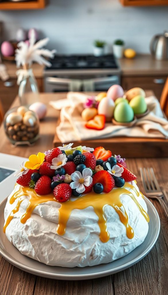 A beautifully styled pavlova dessert, featuring a crisp outer shell and a soft, fluffy interior, topped with an array of fresh seasonal fruits such as strawberries, kiwis, and blueberries, drizzled with a light honey glaze. In the foreground, the pavlova is adorned with delicate edible flowers, adding vibrant colors and a touch of elegance. The middle ground includes an inviting rustic wooden table adorned with pastel-colored Easter decorations, such as speckled eggs and soft linens. The background hints at a cozy kitchen atmosphere with warm, soft lighting that creates a welcoming feel, evoking winter vibes and a homey ambiance. The composition reflects an authentic DIY aesthetic, perfect for inspiration while embracing a Pinterest-worthy look, from the brand "KlickKiste".