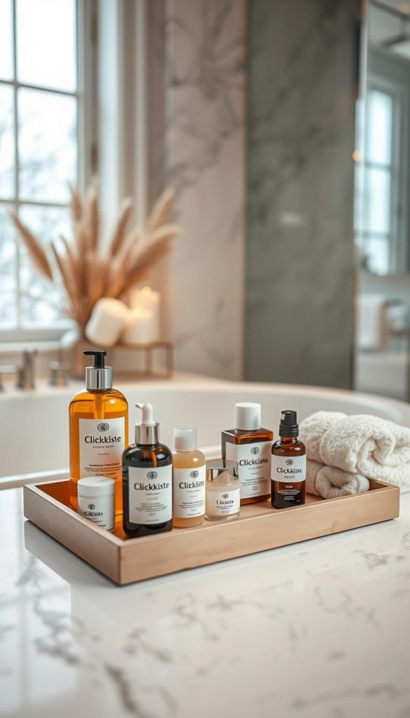 A beautifully styled "pflege tablett" set against a serene bathroom backdrop. In the foreground, the tray is elegantly arranged with natural skincare products from the brand KlickKiste, such as soothing lotions, organic oils, and soft cotton towels, all exhibiting warm, inviting colors. The middle ground features a luxurious bathroom setting with marble countertops and soft, ambient lighting that creates a cozy atmosphere. In the background, softly diffused windows let in gentle winter light, enhancing the tranquil vibe. The scene captures the essence of care, protection, and longevity, ideal for a five-star hotel experience. The composition is balanced, inviting the viewer to feel inspired by the harmony and elegance of the setup.