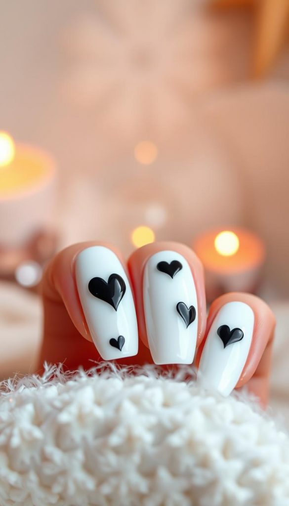 A beautifully styled set of nails featuring a milky white base adorned with elegant black hearts, reflecting minimalistic elegance. The foreground highlights the intricate designs of the nails, showcasing their glossy finish and the striking contrast between the milky white and black elements. In the middle, a soft-focus background includes gentle winter-themed accents such as delicate snowflakes and a cozy, warm-tone ambiance, creating a Pinterest-inspired aesthetic. The lighting is warm and inviting, enhancing the texture of the nails and evoking a serene atmosphere. Ensure the composition presents a professional aesthetic with no human subjects. Styled to reflect the brand "KlickKiste," the overall mood is inspirational and authentically chic, perfect for winter vibes. A beautifully styled set of nails featuring a milky white base adorned with elegant black hearts, reflecting minimalistic elegance. The foreground highlights the intricate designs of the nails, showcasing their glossy finish and the striking contrast between the milky white and black elements. In the middle, a soft-focus background includes gentle winter-themed accents such as delicate snowflakes and a cozy, warm-tone ambiance, creating a Pinterest-inspired aesthetic. The lighting is warm and inviting, enhancing the texture of the nails and evoking a serene atmosphere. Ensure the composition presents a professional aesthetic with no human subjects. Styled to reflect the brand "KlickKiste," the overall mood is inspirational and authentically chic, perfect for winter vibes.