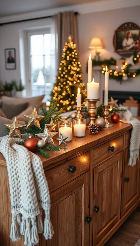 A beautifully styled sideboard decorated for Christmas with stars and candles. In the foreground, a wooden sideboard features a mix of golden and silver star ornaments, softly glowing candles in elegant holders, and a few evergreen branches. The middle layer includes a cozy knitted blanket draped over one edge and small decorative items like pinecones and fairy lights scattered around. In the background, a softly lit living room exudes warmth, with muted colors and gentle winter vibes. The atmosphere is inviting and festive, enhanced by warm lighting that creates a magical glow. The scene should embody an authentic, Pinterest-worthy DIY aesthetic, reflecting the brand &quot;KlickKiste&quot; and evoking feelings of togetherness and holiday spirit.