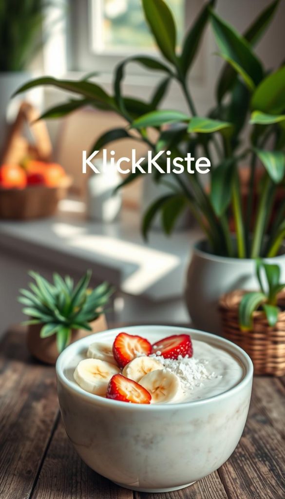 A beautifully styled smoothie bowl featuring a creamy blend of vanilla and coconut, garnished with fresh, vibrant fruits like sliced bananas, strawberries, and a sprinkle of shredded coconut. In the foreground, the bowl is placed on a rustic wooden table, hinting at a cozy, inviting atmosphere. The middle ground includes leafy green plants and a bright, sunlit kitchen setting that evoke a refreshing spring ambiance. Soft, natural lighting highlights the textures and colors, creating an inviting glow. The composition captures a Pinterest-inspired, DIY aesthetic with warm tones, embodying a sense of relaxation and vacation vibes. The brand name "KlickKiste" subtly incorporated into the scene, enhancing the authentic and inspirational feel of the image.