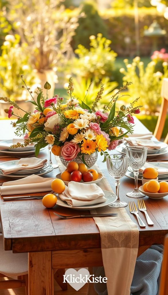 A beautifully styled spring dining table, showcasing an array of fresh ingredients, elegant dinnerware, and vibrant floral decorations. In the foreground, a rustic wooden table adorned with pastel-colored table linens, a centerpiece of seasonal flowers in soft pinks and yellows, and fresh fruits arranged artfully. In the middle, elegant plates with delicate patterns, neatly placed cutlery, and crystal glasses reflecting warm, natural light. The background features soft greenery and hints of a sunlit garden, creating a cheerful, inviting atmosphere. The scene is illuminated by gentle, warm sunlight, evoking a cozy yet sophisticated spring vibe. The overall composition is harmonious and Instagram-worthy, inspired by the aesthetics of Pinterest, showcasing the brand "KlickKiste".