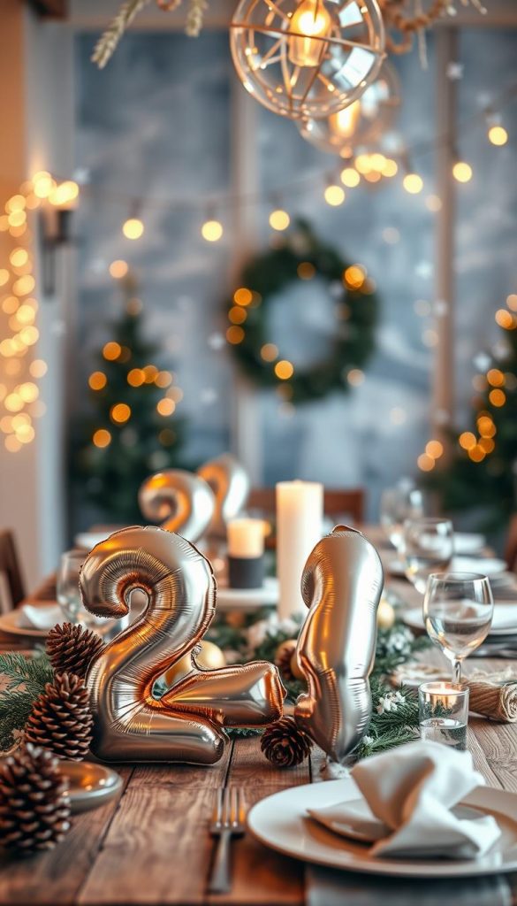 A beautifully styled table display featuring shimmering "24" and "25" foil balloons, reflecting warm, festive colors and a cozy winter atmosphere. In the foreground, the metallic balloons glimmer in the soft, ambient lighting, with hints of gold and silver accents. Surrounding the balloons, elegant decorative elements such as pinecones, winter greenery, and twinkling fairy lights create a DIY aesthetic reminiscent of popular Pinterest inspirations. The middle ground features a rustic wooden table adorned with soft linens and artisanal tableware, invoking a sense of warmth and community. In the background, a softly blurred winter-themed setting with falling snowflakes enhances the cozy vibe. Capture this moment with a warm, inviting tone, and ensure the scene is filled with authentic details that reflect the brand "KlickKiste." A beautifully styled table display featuring shimmering "24" and "25" foil balloons, reflecting warm, festive colors and a cozy winter atmosphere. In the foreground, the metallic balloons glimmer in the soft, ambient lighting, with hints of gold and silver accents. Surrounding the balloons, elegant decorative elements such as pinecones, winter greenery, and twinkling fairy lights create a DIY aesthetic reminiscent of popular Pinterest inspirations. The middle ground features a rustic wooden table adorned with soft linens and artisanal tableware, invoking a sense of warmth and community. In the background, a softly blurred winter-themed setting with falling snowflakes enhances the cozy vibe. Capture this moment with a warm, inviting tone, and ensure the scene is filled with authentic details that reflect the brand "KlickKiste."