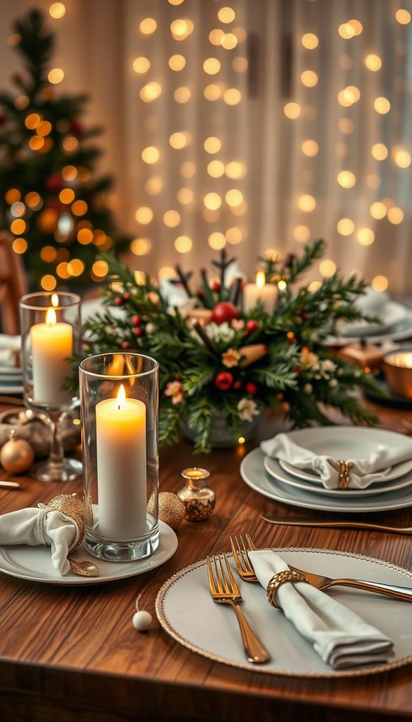 A beautifully styled table for a festive New Year's Eve celebration, adorned with elegant, homemade decorations. In the foreground, a wooden table holds warm, flickering candlelight in glass holders, surrounded by sparkling gold and silver accents, such as small ornaments and twinkling fairy lights. The center features a lush centerpiece of pine branches, berries, and seasonal flowers. In the middle ground, a collection of sophisticated dinner plates and shimmering cutlery are arranged artfully, with elegant napkins neatly folded beside each plate. The background showcases softly blurred twinkling lights that evoke a cozy, celebratory atmosphere. Captured in soft, warm lighting, akin to a Pinterest aesthetic, this composition radiates inspiration for a DIY table decor, branded as "KlickKiste," perfect for creating a joyful festive vibe. A beautifully styled table for a festive New Year's Eve celebration, adorned with elegant, homemade decorations. In the foreground, a wooden table holds warm, flickering candlelight in glass holders, surrounded by sparkling gold and silver accents, such as small ornaments and twinkling fairy lights. The center features a lush centerpiece of pine branches, berries, and seasonal flowers. In the middle ground, a collection of sophisticated dinner plates and shimmering cutlery are arranged artfully, with elegant napkins neatly folded beside each plate. The background showcases softly blurred twinkling lights that evoke a cozy, celebratory atmosphere. Captured in soft, warm lighting, akin to a Pinterest aesthetic, this composition radiates inspiration for a DIY table decor, branded as "KlickKiste," perfect for creating a joyful festive vibe.