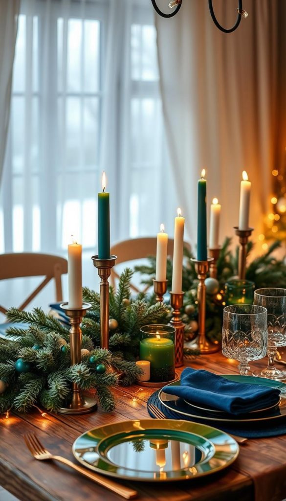 A beautifully styled table set for winter, featuring warm jewel tones such as deep emerald green, rich sapphire blue, and luxurious gold accents. In the foreground, a rustic wooden table adorned with elegant candles of varying heights, surrounded by frosted pine branches and delicate fairy lights. The middle ground showcases an assortment of chic tableware, including shimmering gold plates and elegant glassware reflecting the warm candlelight. In the background, a softly lit window draped with sheer white curtains, allowing gentle winter sunlight to filter in, creating a cozy, inviting atmosphere. The scene is captured with a soft focus lens at a slightly elevated angle, enhancing the ambiance of a Pinterest-worthy winter gathering. The overall mood is warm and luxurious, embodying the essence of winter elegance, inspired by &quot;KlickKiste.&quot;