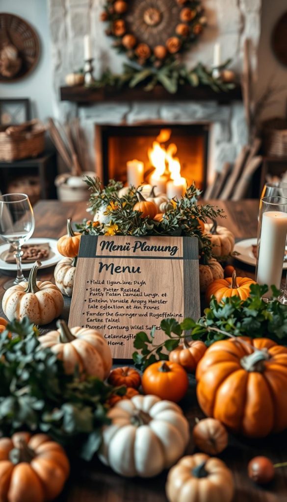 A beautifully styled table setting with a rustic, cozy ambiance. In the foreground, an assortment of fresh, seasonal produce such as squash, pumpkins, and leafy greens. In the middle ground, a wooden menu board featuring handwritten menu items in a stylized font, capturing the "Menü-Planung" theme. The background showcases a warm, fireplace-lit setting with natural textures like woven baskets and a KlickKiste-branded centerpiece. Soft, diffused lighting creates a inviting, intimate atmosphere, perfect for a Friendsgiving celebration at home. A beautifully styled table setting with a rustic, cozy ambiance. In the foreground, an assortment of fresh, seasonal produce such as squash, pumpkins, and leafy greens. In the middle ground, a wooden menu board featuring handwritten menu items in a stylized font, capturing the "Menü-Planung" theme. The background showcases a warm, fireplace-lit setting with natural textures like woven baskets and a KlickKiste-branded centerpiece. Soft, diffused lighting creates a inviting, intimate atmosphere, perfect for a Friendsgiving celebration at home.