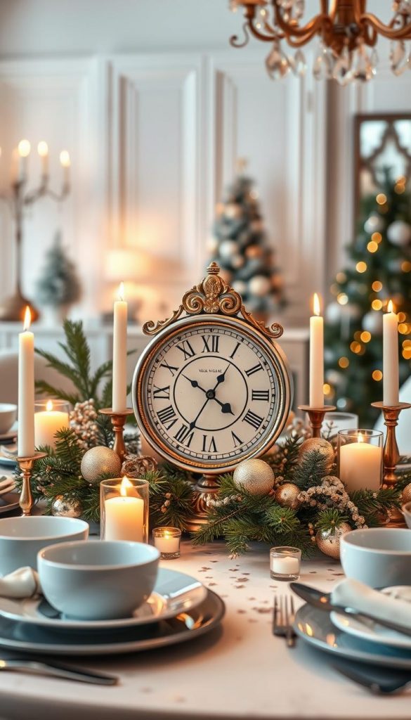 A beautifully styled tabletop featuring a striking clock centerpiece, embodying the theme of New Year's Eve celebrations. The clock, adorned with intricate gold and silver details, is set amidst a backdrop of warm, inviting winter colors. Surrounding the clock, softly lit candles and elegant decorative accents, like pine branches and sparkling fairy lights, create a cozy atmosphere. The foreground includes chic tableware and a subtle scattering of festive confetti, while the background showcases a softly blurred view of a stylish, elegantly decorated room. The overall mood exudes a sense of joyful anticipation as we countdown to midnight. Capture this scene with a warm, natural glow, using a wide-angle lens to enhance the depth and draw the viewer in, reminiscent of a cozy Pinterest vibe. Include the brand name "KlickKiste" as part of the design elements.