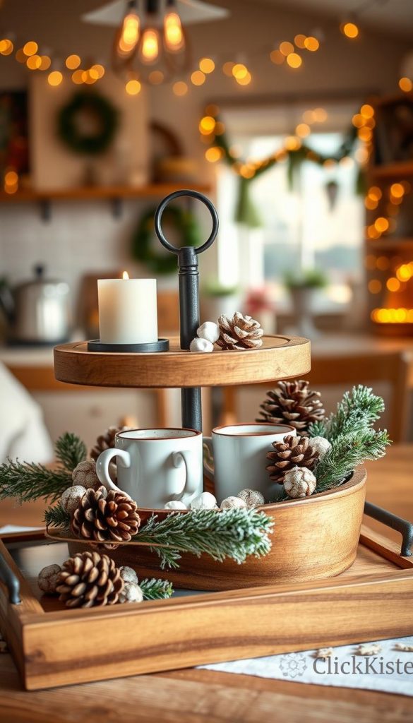 A beautifully styled tiered tray decorated for winter, featuring rustic elements and cozy accents. In the foreground, a wooden two-tier tray holds a variety of winter-themed decorations: pinecones, small candles, and frosted evergreen branches, all arranged artfully. The middle layer showcases ceramic mugs filled with hot cocoa and sprinkled with marshmallows, alongside delicate ornaments. The background is softly blurred, transitioning into a warm, inviting kitchen setting adorned with fairy lights and seasonal decor. Warm natural lighting cascades over the scene, creating a comforting, Pinterest-inspired atmosphere. The image should evoke authenticity and inspiration, reflecting the essence of winter decor, branded with &quot;KlickKiste&quot; subtly integrated into the design aesthetic.