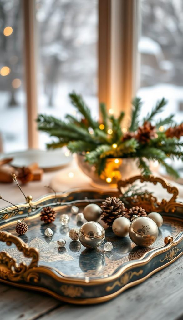 A beautifully styled vintage tray adorned with elegant patina sits prominently in the foreground, featuring intricate gold accents and delicate glass ornaments scattered artfully across the surface. The middle ground reveals a softly lit arrangement of evergreen branches and pinecones, adding a touch of natural charm, while a subtle golden glow enhances the festive atmosphere. In the background, a softly blurred winter landscape hints at a cozy indoor setting, with warm, ambient lighting that evokes a sense of tranquility and holiday spirit. Emphasizing a natural DIY aesthetic with rustic, Pinterest-inspired elements, this scene captures the essence of 'KlickKiste' elegance, perfect for festive decorating.