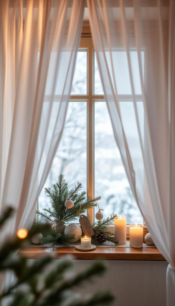 A beautifully styled window (&quot;fenster&quot;) adorned with soft, neutral-colored Christmas decorations. In the foreground, delicate white sheer curtains gently flutter, letting in warm, golden winter light. The middle layer features a cozy window sill decorated with rustic, handmade ornaments, pine branches, and soft, glowing candles creating a serene atmosphere. In the background, a subtly blurred view of a snow-dusted landscape adds to the winter vibes. The image should convey a peaceful and inviting mood, evoking a sense of warmth and inspiration, showcasing timeless ideas for holiday decor by KlickKiste. Use a soft focus lens, with natural lighting highlighting the textures and warmth of the scene, emphasizing the DIY aesthetic in warm tones.