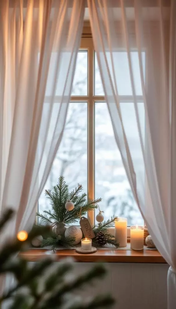 A beautifully styled window ("fenster") adorned with soft, neutral-colored Christmas decorations. In the foreground, delicate white sheer curtains gently flutter, letting in warm, golden winter light. The middle layer features a cozy window sill decorated with rustic, handmade ornaments, pine branches, and soft, glowing candles creating a serene atmosphere. In the background, a subtly blurred view of a snow-dusted landscape adds to the winter vibes. The image should convey a peaceful and inviting mood, evoking a sense of warmth and inspiration, showcasing timeless ideas for holiday decor by KlickKiste. Use a soft focus lens, with natural lighting highlighting the textures and warmth of the scene, emphasizing the DIY aesthetic in warm tones.