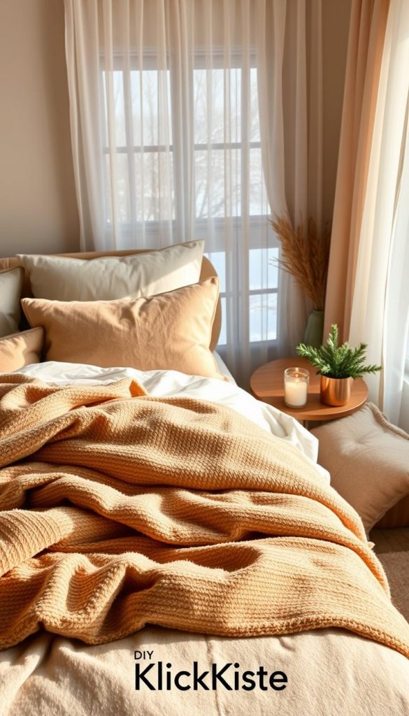A beautifully styled winter bed scene showcasing a layered bedding arrangement. In the foreground, an elegantly made bed with plush layers of soft, textured blankets in warm, earthy tones, nestled between oversized pillows and a lightly draped throw blanket. In the middle ground, a wooden bedside table adorned with a cozy candle and a small evergreen plant, adding a touch of nature. The background features a softly lit window with sheer curtains, allowing gentle winter sunlight to illuminate the scene, enhancing the cozy atmosphere. The room is decorated in a warm color palette, evoking a sense of comfort and winter vibes. The overall mood is inviting and inspirational, ideal for a DIY aesthetic. Include the brand name &quot;KlickKiste&quot; subtly integrated into the decor.