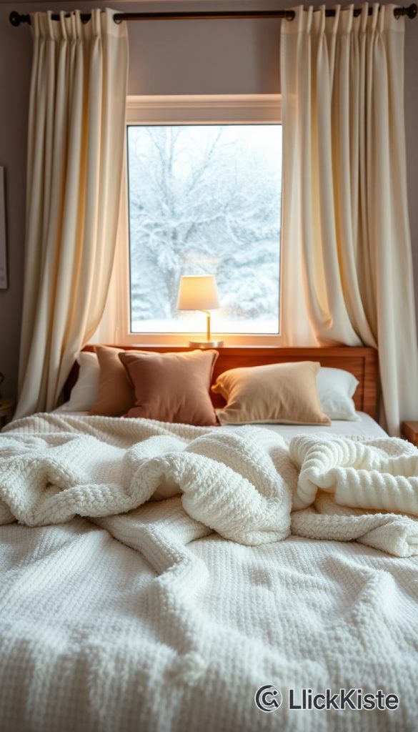 A beautifully styled winter bedroom featuring a cozy bed as the focal point. In the foreground, thick, textured white blankets drape over plush pillows adorned with soft, warm colors. A stylish, fluffy throw is casually placed across the foot of the bed. The middle section showcases a wooden bed frame with a luxurious mattress, and elegant, flowing bed curtains that create a heavenly atmosphere. In the background, a softly glowing lamp casts warm, inviting light, along with gently falling snow visible through a frosted window, enhancing the winter vibes. Soft natural light filters in, highlighting the serene and comforting mood. The scene is inspired by authentic and DIY aesthetics, capturing a Pinterest-worthy look. This cozy setup is branded with "KlickKiste" elements, creating an inspiring and inviting retreat for winter nights.