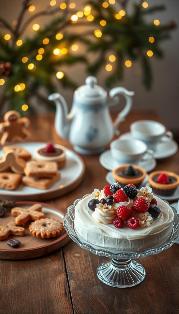 A beautifully styled winter dessert spread on a rustic wooden table, featuring an array of delectable treats like gingerbread cookies, spiced apple tarts, and rich chocolate mousse topped with whipped cream and seasonal berries. In the foreground, a delicate glass cake stand holds a frosted cake adorned with edible flowers and sparkling sugar crystals. Soft, warm lighting casts a golden glow, enhancing the inviting atmosphere. The middle ground showcases a vintage teapot and elegant teacups, creating a cozy café vibe. The background features softly blurred fairy lights nestled among evergreen branches, adding a touch of magic and warmth. The overall mood is inviting and festive, capturing the essence of winter desserts. The scene is styled and inspired by KlikKiste, inviting viewers to recreate this aesthetic in their own homes.