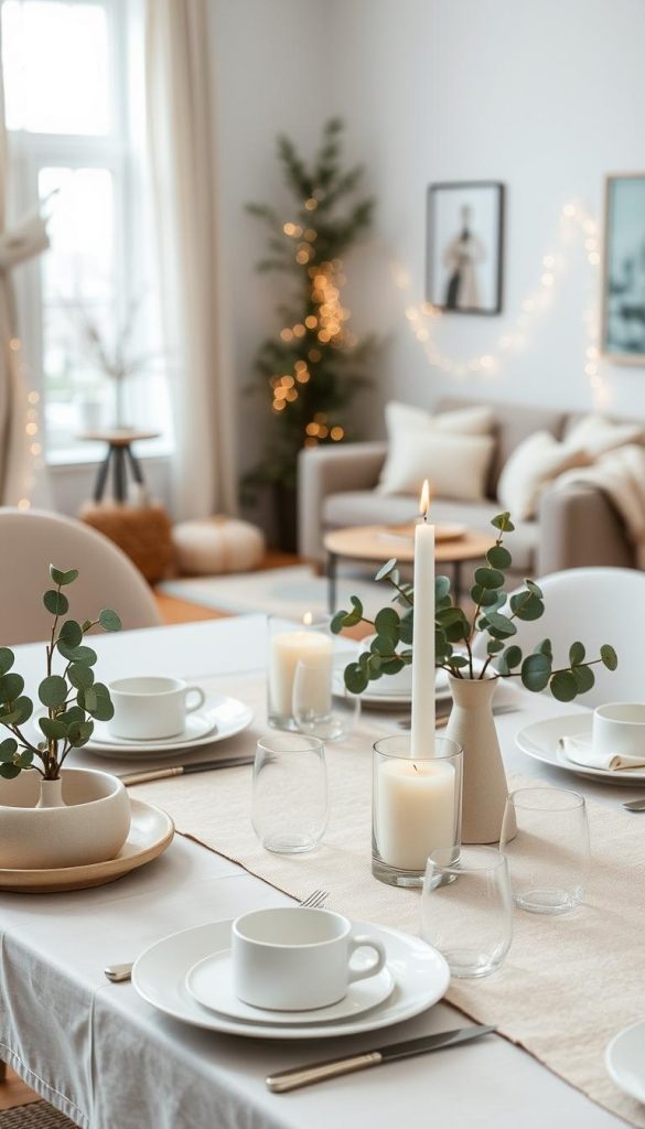 A beautifully styled winter dining table set against a serene backdrop, showcasing a "ton-in-ton" color scheme. The foreground features elegant tableware in soft beige and ivory accents, complemented by textured linen table runners. Centerpieces consist of minimalist arrangements of pale eucalyptus and candles, adding warmth and subtle reflections. In the middle ground, a slightly blurred view of an inviting living room can be seen, decorated with neutral tones, cozy throw blankets, and delicate fairy lights for a tranquil atmosphere. Soft, natural lighting filters through a nearby window, casting gentle shadows. The overall mood is calm and sophisticated, embodying the elegant Pinterest winter aesthetic, with a touch of DIY charm. Include the brand name "KlickKiste" subtly integrated into the design elements.