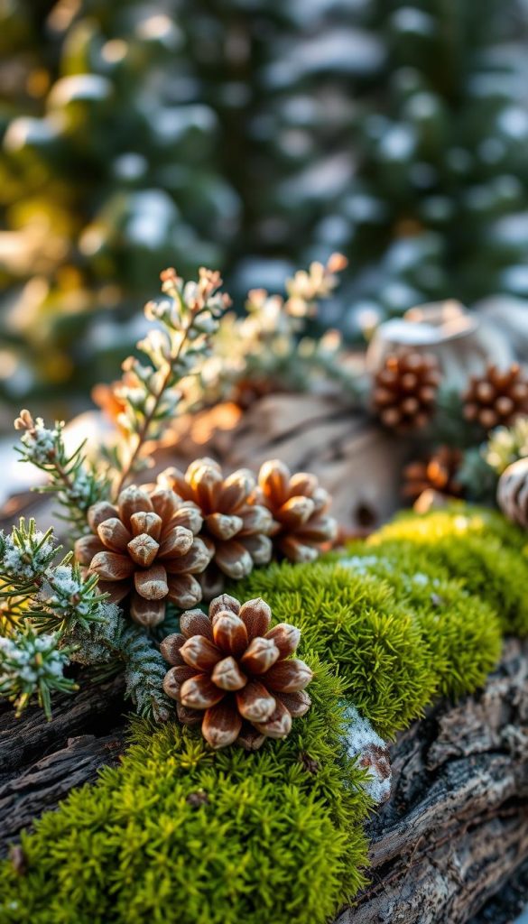 A beautifully styled winter scene showcasing nature’s textures, featuring a close-up of soft, vibrant green moss covering rough, rustic wood. In the foreground, delicate pine cones and sprigs of fir are artfully arranged, each element radiating a cozy, winter ambiance. The middle ground reveals a gentle blend of wooden textures, intertwined with frost-tipped foliage, conveying a warm and inviting vibe. The background features softly blurred evergreen trees dusted with snow, enhancing the atmosphere of a serene winter forest. Soft, natural lighting casts a warm glow over the scene, evoking a feeling of tranquility and rustic elegance. Ideal for capturing the essence of &quot;Nature Vibes&quot; in winter decor, inspired by the aesthetic of KlickKiste.