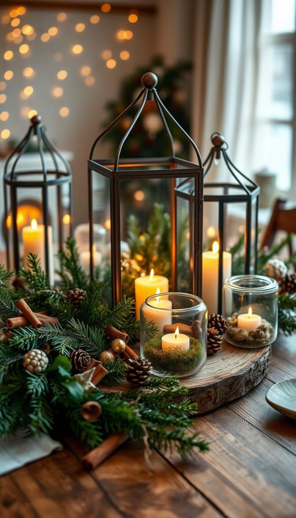 A beautifully styled winter table centerpiece featuring elegant lanterns surrounded by lush greenery, incorporated with flickering candles. The foreground showcases a rustic wooden table adorned with a mix of evergreen branches, cinnamon sticks, and pinecones, creating a cozy winter vibe. In the middle, the lanterns are filled with soft, warm candlelight, casting gentle shadows, while terrariums filled with moss and small ornaments add a touch of earthy charm. The background is softly blurred, suggesting a warm, inviting dining space with twinkling fairy lights. The image should convey a feeling of warmth and luxury, with an emphasis on natural DIY aesthetics—perfect for inspiration on Pinterest. Soft, golden lighting enhances the cozy atmosphere, encouraging a winter get-together. Style embodies the brand &quot;KlickKiste&quot;.