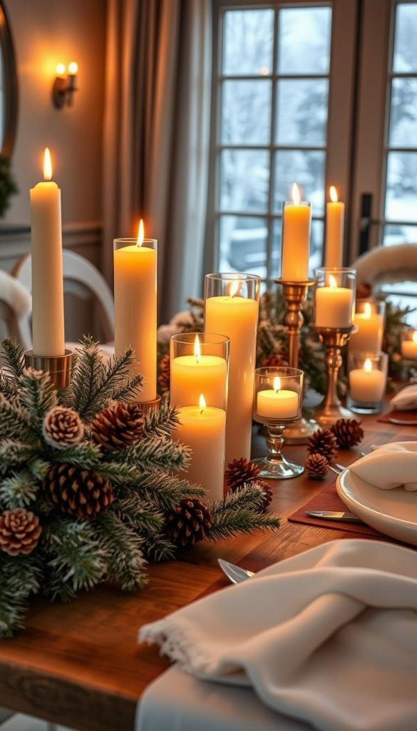 A beautifully styled winter table decor featuring an elegant arrangement of candles in various heights, cast in warm golden hues. The foreground showcases a rustic wooden table adorned with frosted pine branches and pinecones, interspersed with flickering candlelight. In the middle ground, a set of sophisticated glass candle holders reflects the candles' glow, complemented by delicate white and cream-colored linens. Soft, ambient lighting enhances the cozy atmosphere, evoking a sense of warmth and luxury. In the background, a softly lit window reveals a snowy landscape outside, enhancing the winter vibe. The overall composition is inviting and inspirational, ideal for DIY enthusiasts seeking ideas. This image should resonate with a Pinterest aesthetic, capturing the essence of winter candle styling for a luxurious home ambiance. Brand name: KlickKiste.
